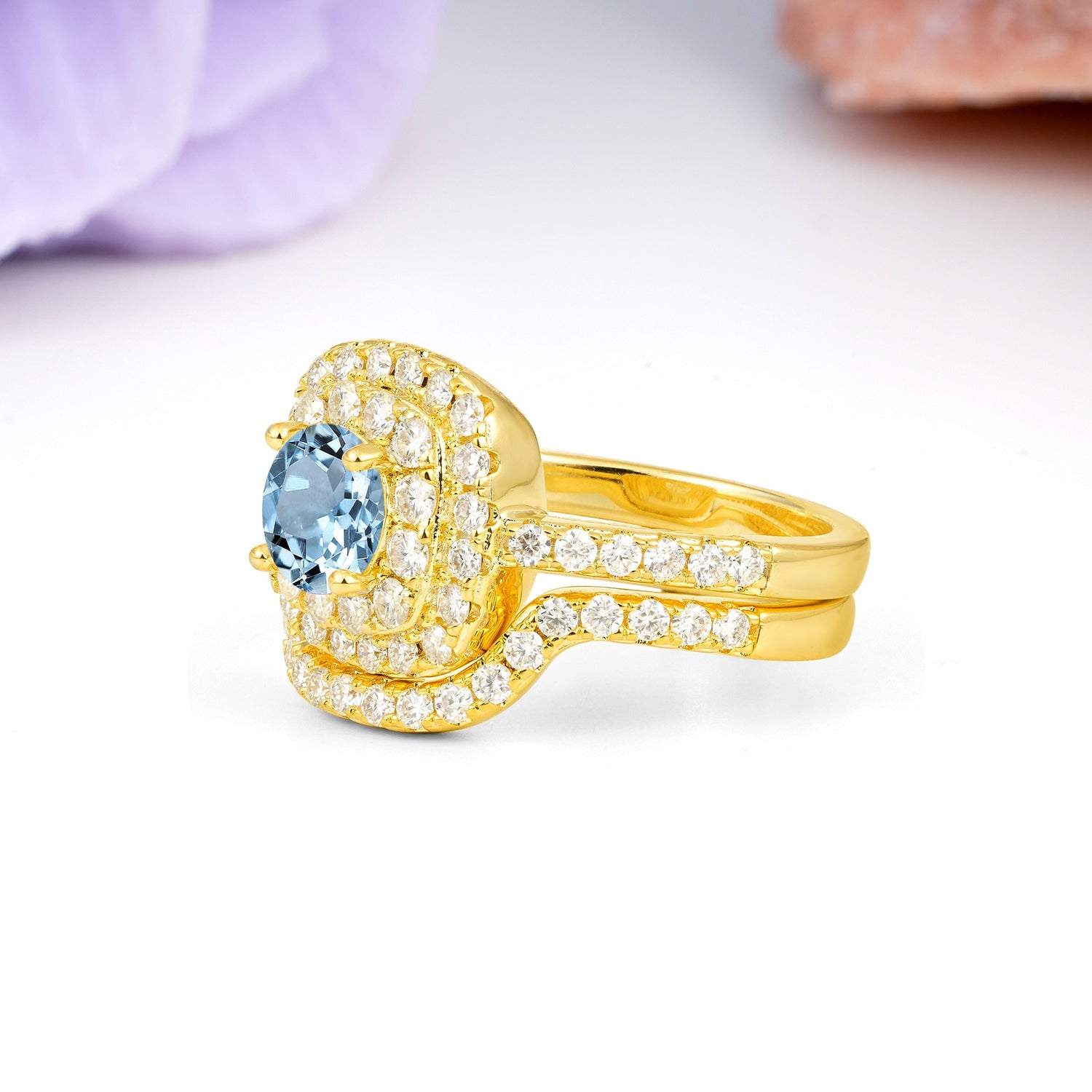 Classic Pavé-Set, Luxurious 4-Prong Round Cut Aquamarine Bridal Ring Set