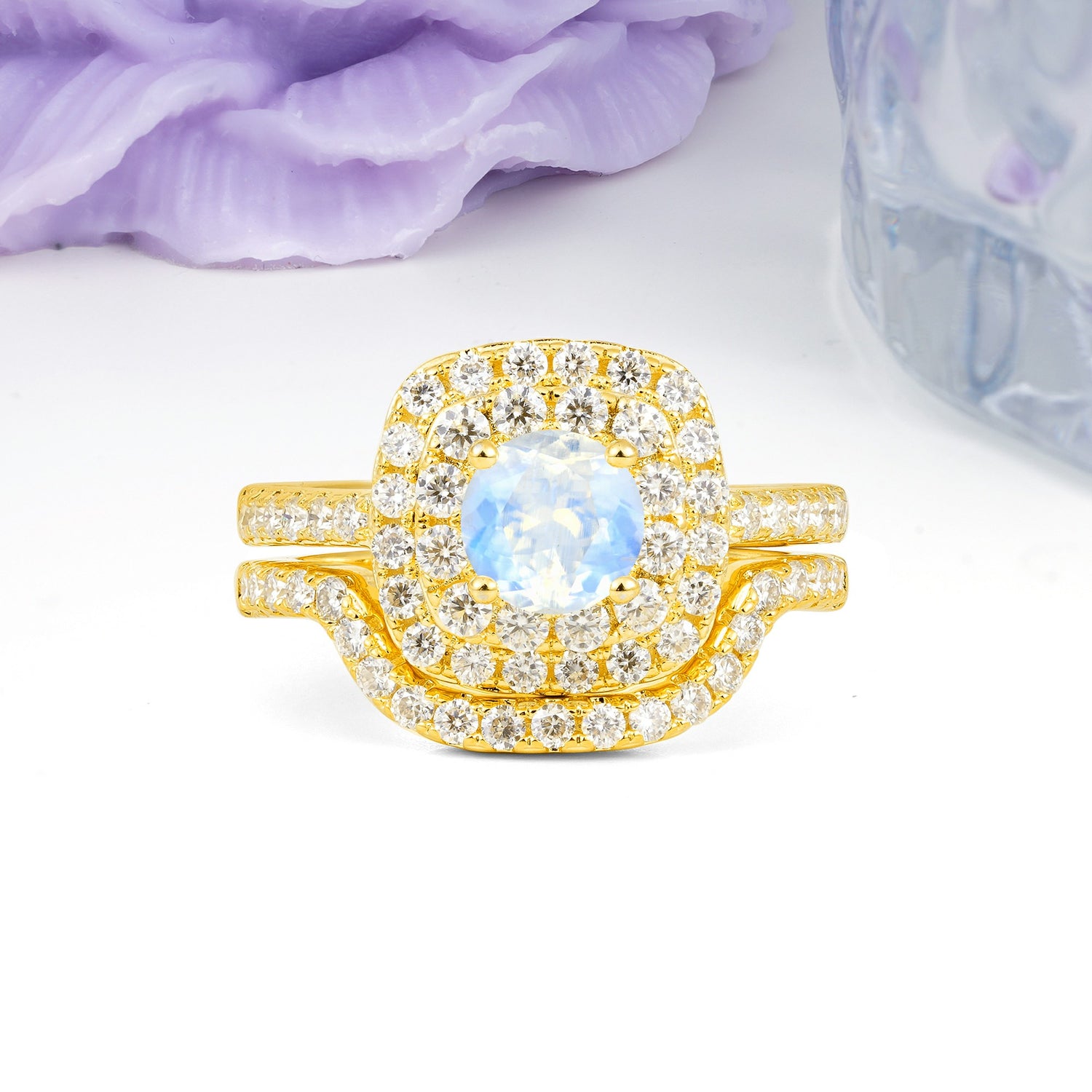 Classic Pavé-Set, Luxurious 4-Prong Round Cut Moonstone Bridal Ring Set