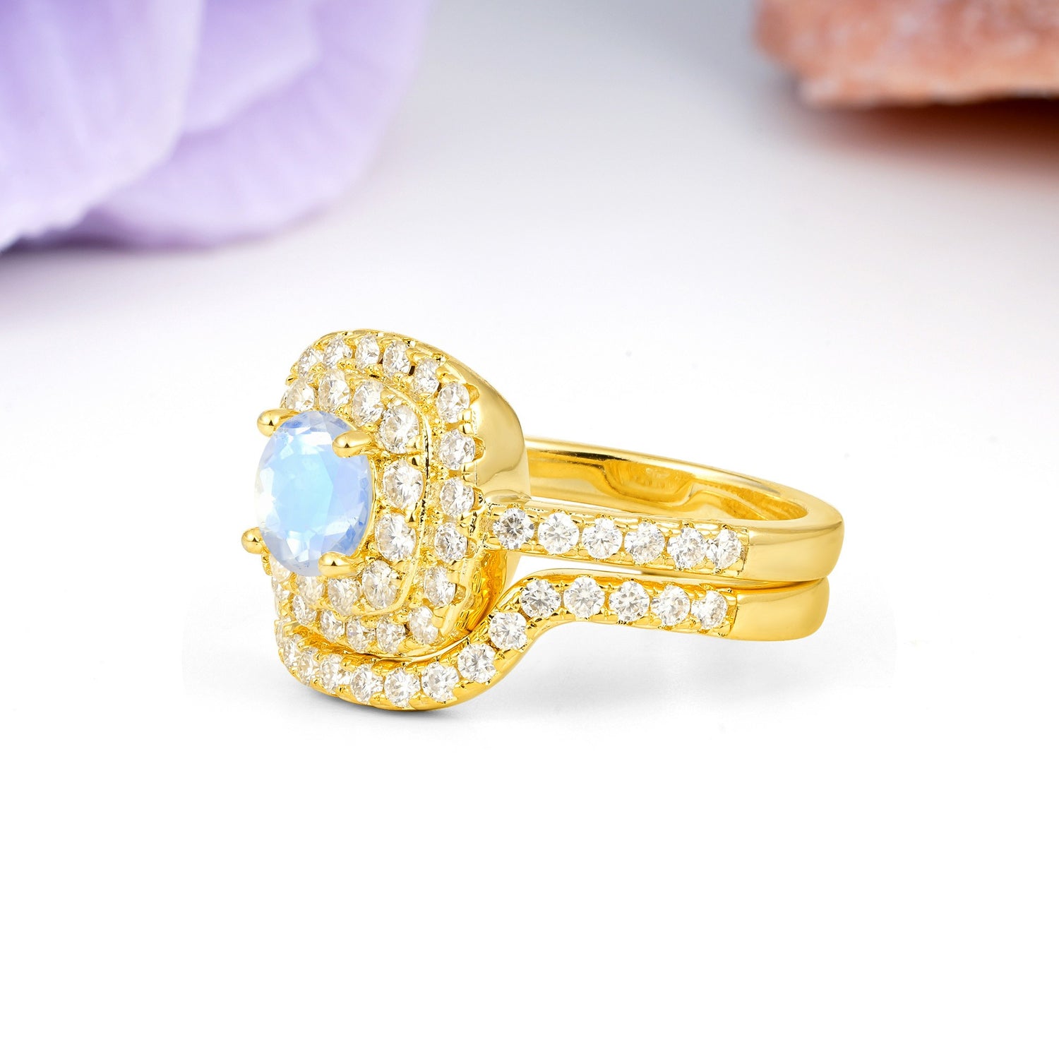 Classic Pavé-Set, Luxurious 4-Prong Round Cut Moonstone Bridal Ring Set