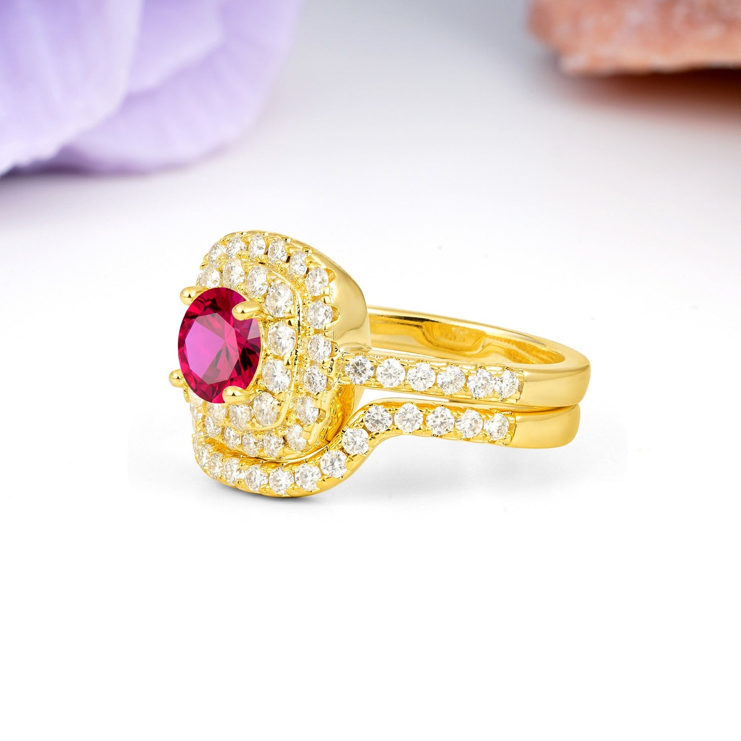 Classic Pavé-Set, Luxurious 4-Prong Round Cut Ruby Bridal Ring Set