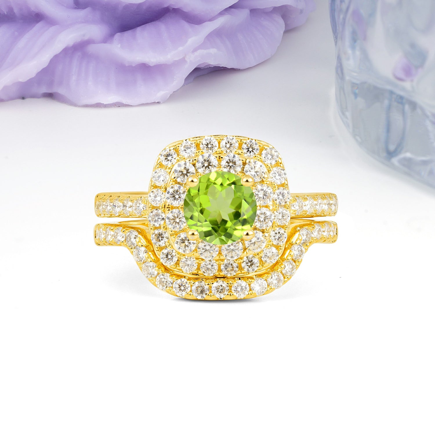 Classic Pavé-Set, Luxurious 4-Prong Round Cut Peridot Bridal Ring Set