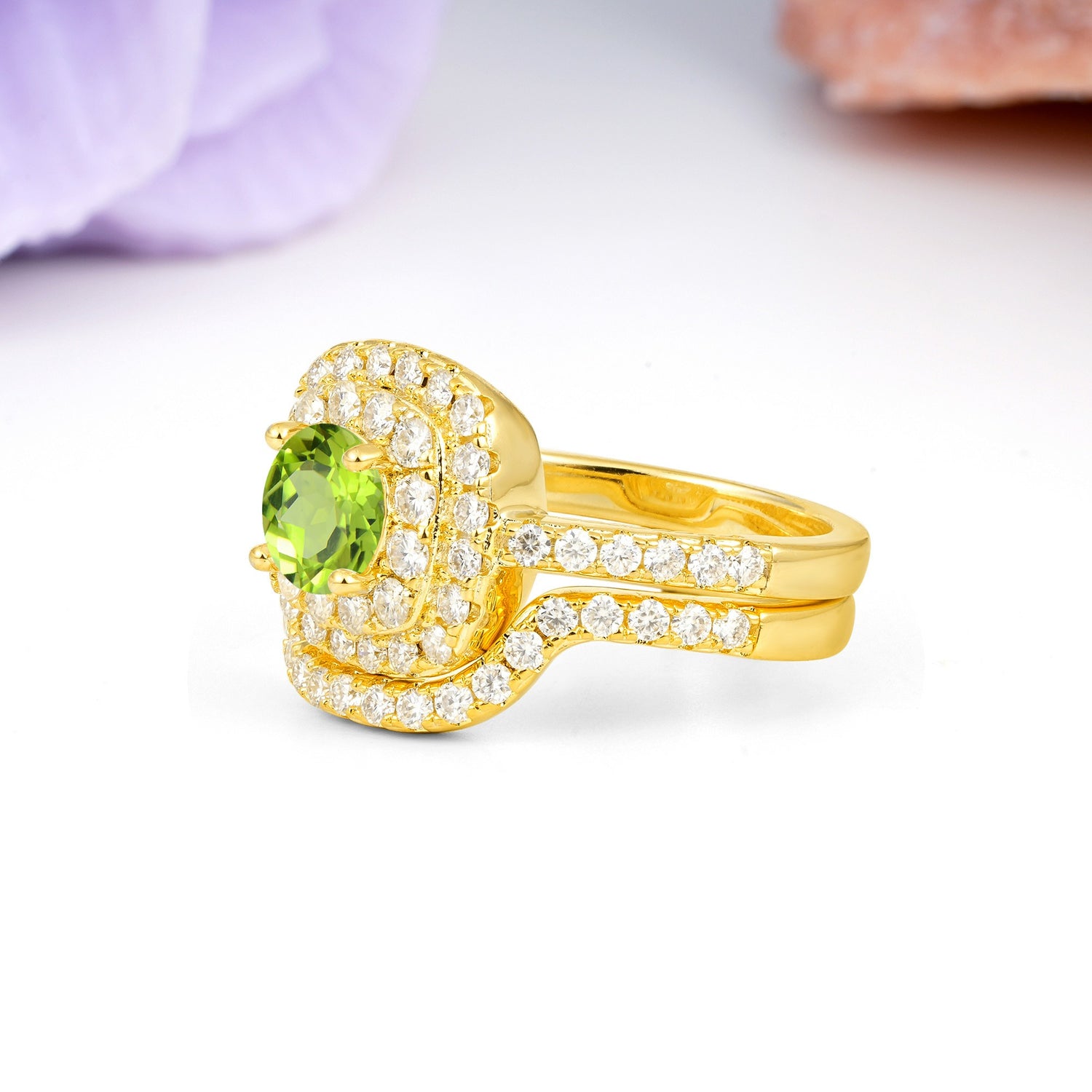 Classic Pavé-Set, Luxurious 4-Prong Round Cut Peridot Bridal Ring Set