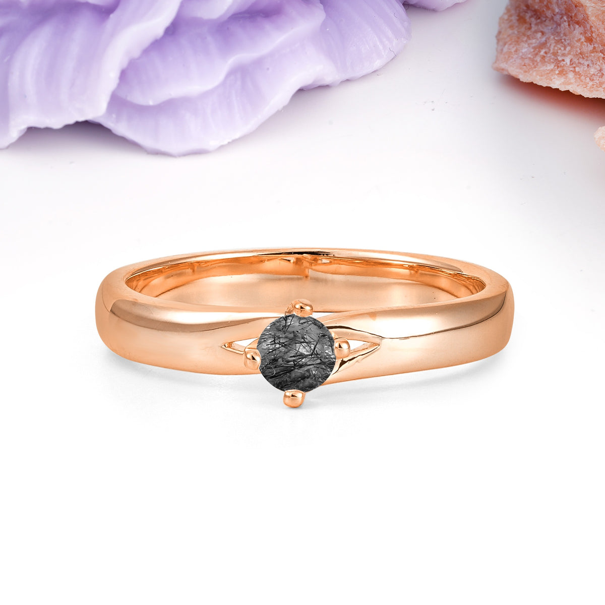 Minimalist 4-Prong Round Cut Black Rutilated Quartz Engagement Ring - Additional view