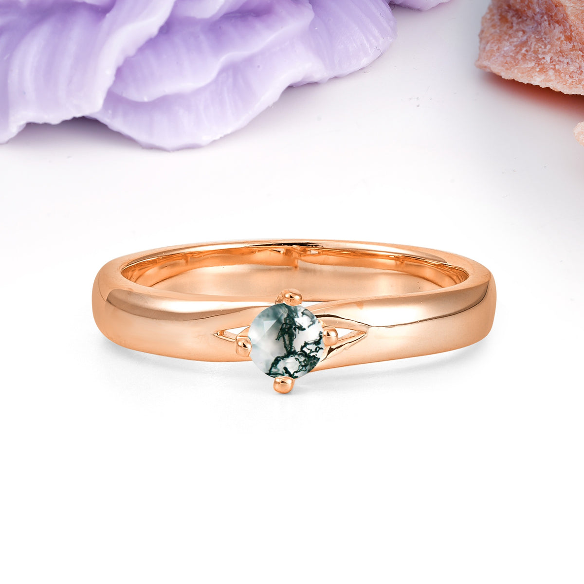 Minimalist 4-Prong Round Cut Moss Agate Engagement Ring - Additional view