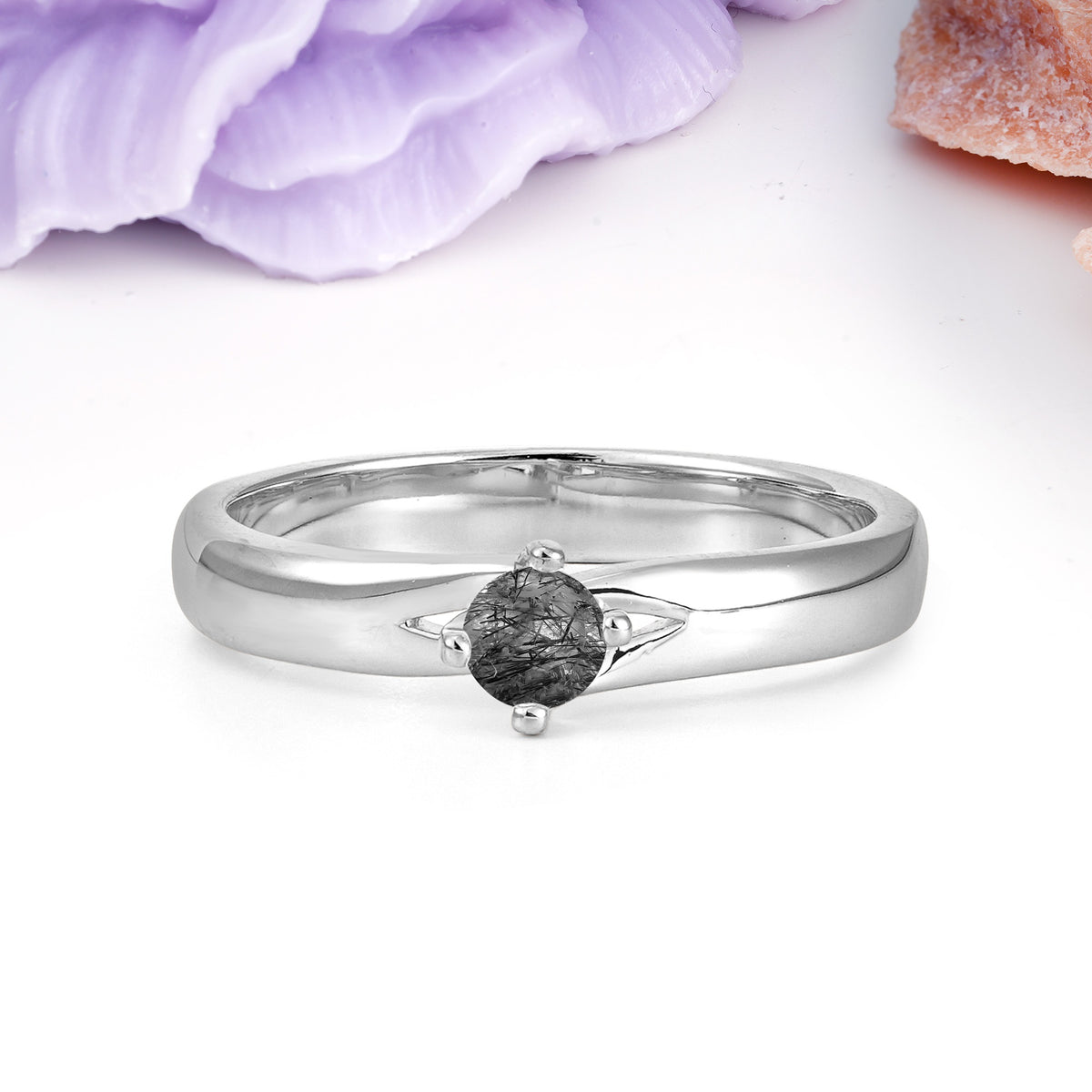 Minimalist 4-Prong Round Cut Black Rutilated Quartz Engagement Ring - Additional view