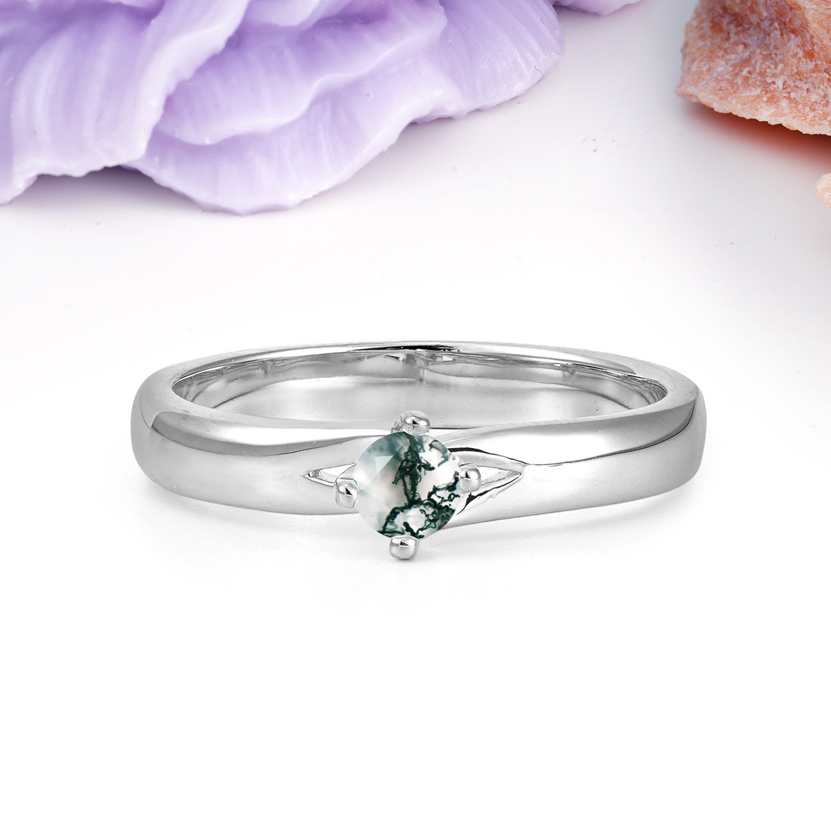 Minimalist 4-Prong Round Cut Moss Agate Engagement Ring - Additional view