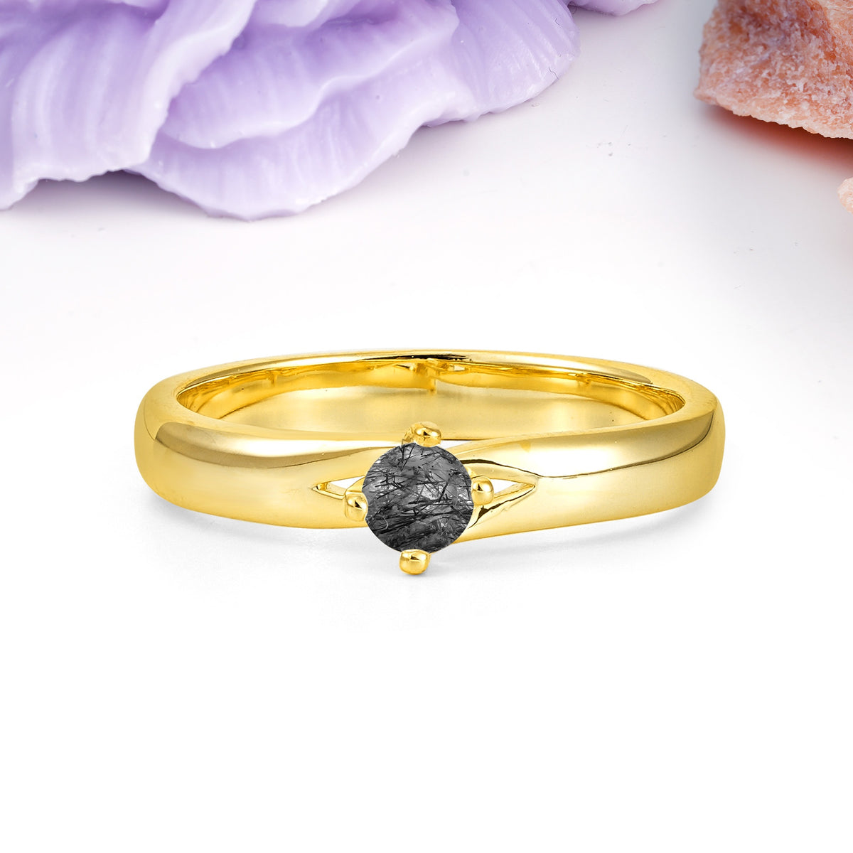 Minimalist 4-Prong Round Cut Black Rutilated Quartz Engagement Ring - Additional view