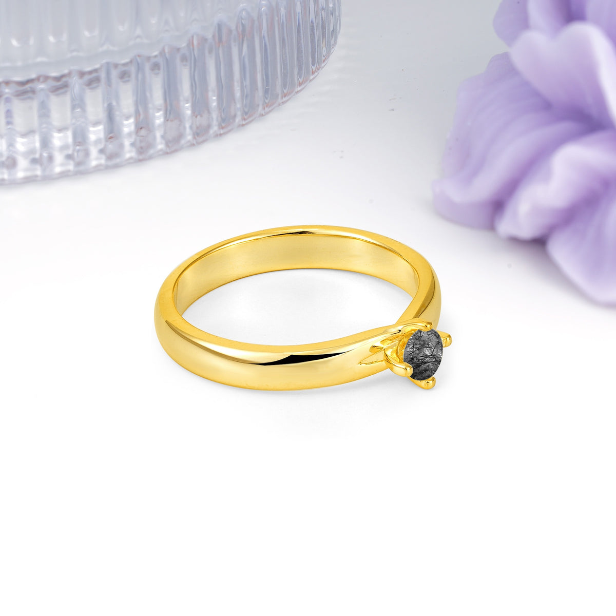 Minimalist 4-Prong Round Cut Black Rutilated Quartz Engagement Ring - Additional view