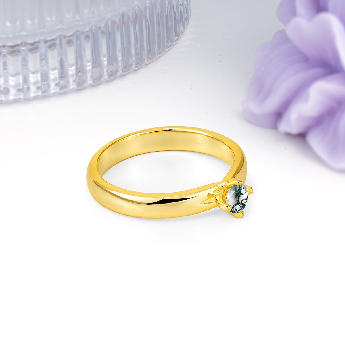 Minimalist 4-Prong Round Cut Moss Agate Engagement Ring - Additional view