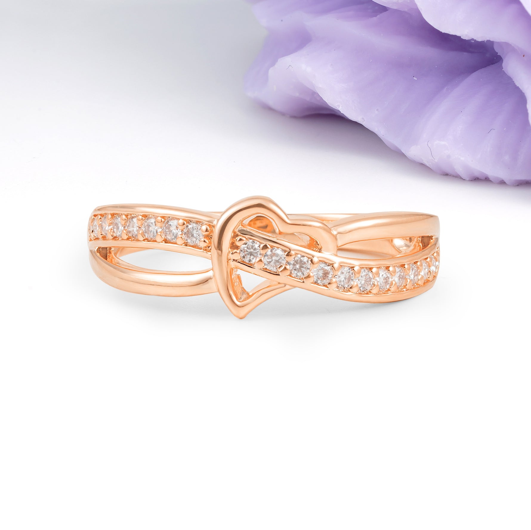 Delicate Dual Strand Cross Over Continuous Tiny Gem Heart Symbol Moissanite Wedding Ring - Additional view