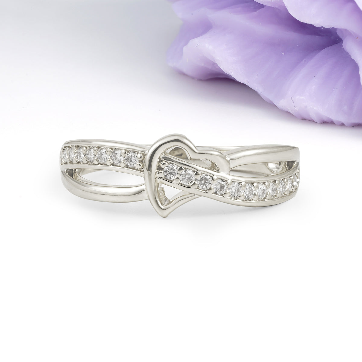 Delicate Dual Strand Cross Over Continuous Tiny Gem Heart Symbol Moissanite Wedding Ring - Additional view