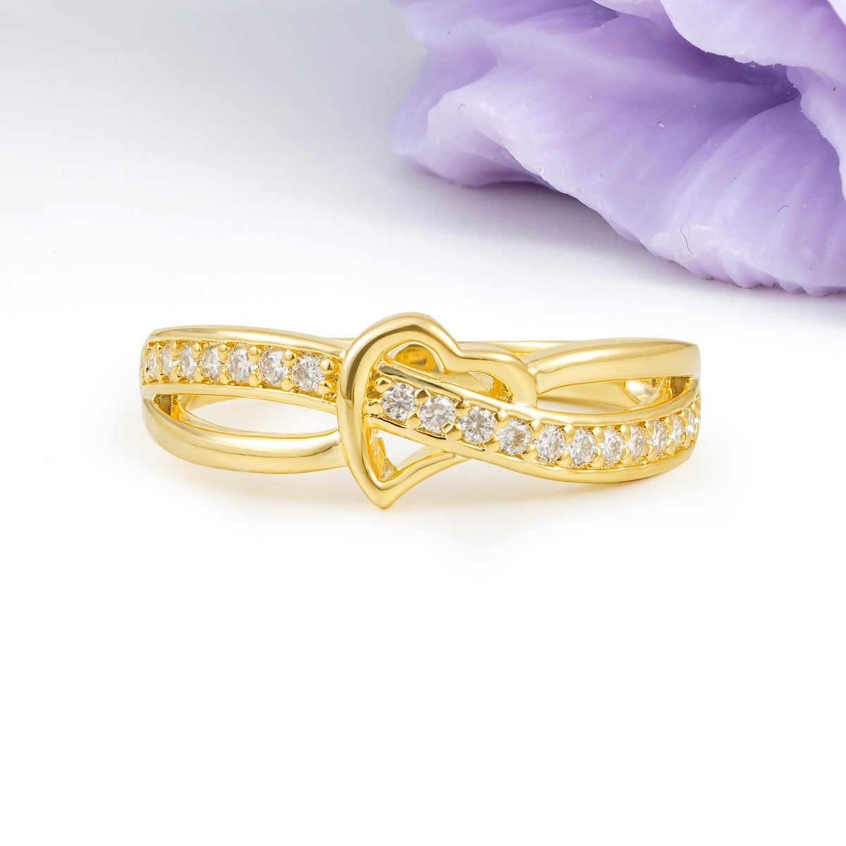 Delicate Dual Strand Cross Over Continuous Tiny Gem Heart Symbol Moissanite Wedding Ring
