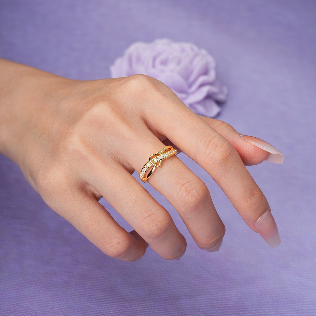Delicate Dual Strand Cross Over Continuous Tiny Gem Heart Symbol Moissanite Wedding Ring
