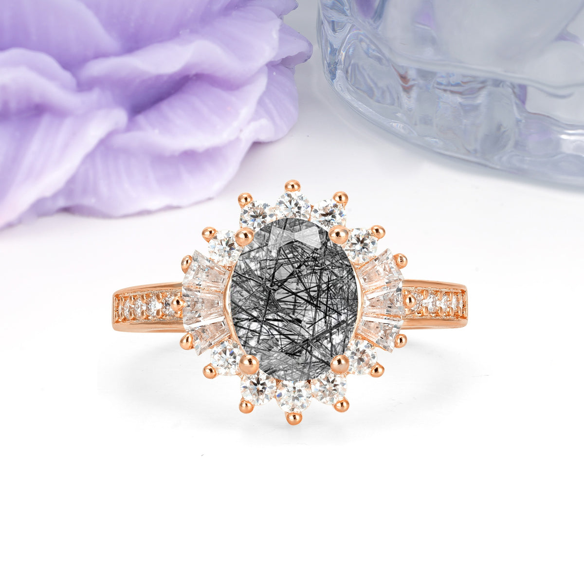 Exquisite Luxury Pavé Set 4 Prong Oval Cut Black Rutilated Quartz Wedding Ring - Additional view