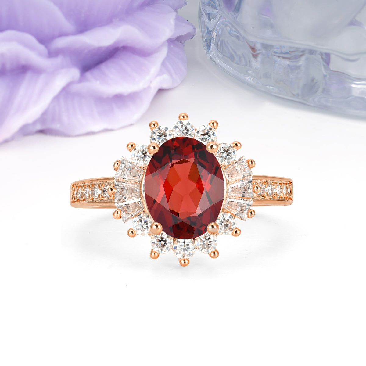 Exquisite Luxury Pavé Set 4 Prong Oval Cut Garnet Wedding Ring - Additional view