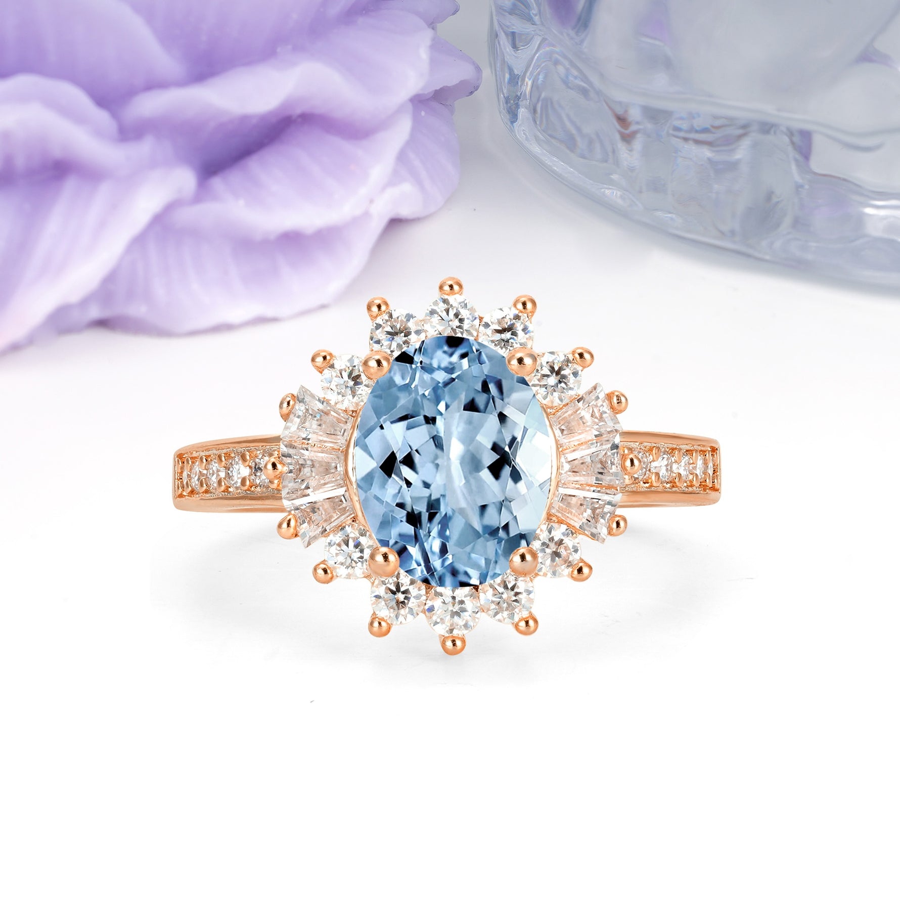 Exquisite Luxury Pavé Set 4 Prong Oval Cut Aquamarine Wedding Ring - Additional view