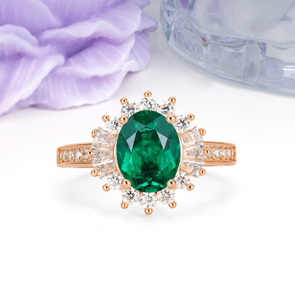 Exquisite Luxury Pavé Set 4 Prong Oval Cut Emerald Wedding Ring - Additional view