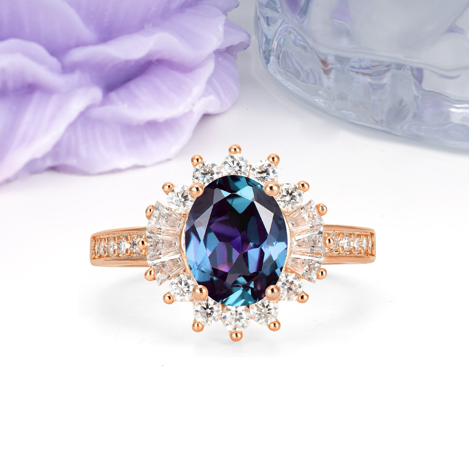 Exquisite Luxury Pavé Set 4 Prong Oval Cut Alexandrite Wedding Ring - Additional view