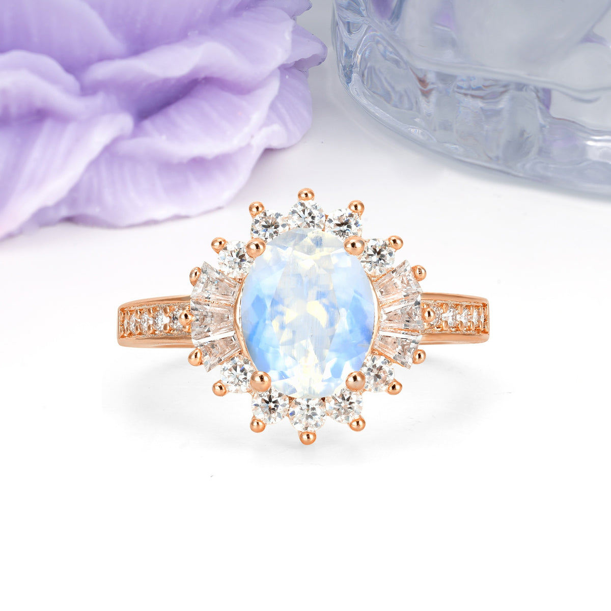 Exquisite Luxury Pavé Set 4 Prong Oval Cut Moonstone Wedding Ring - Additional view