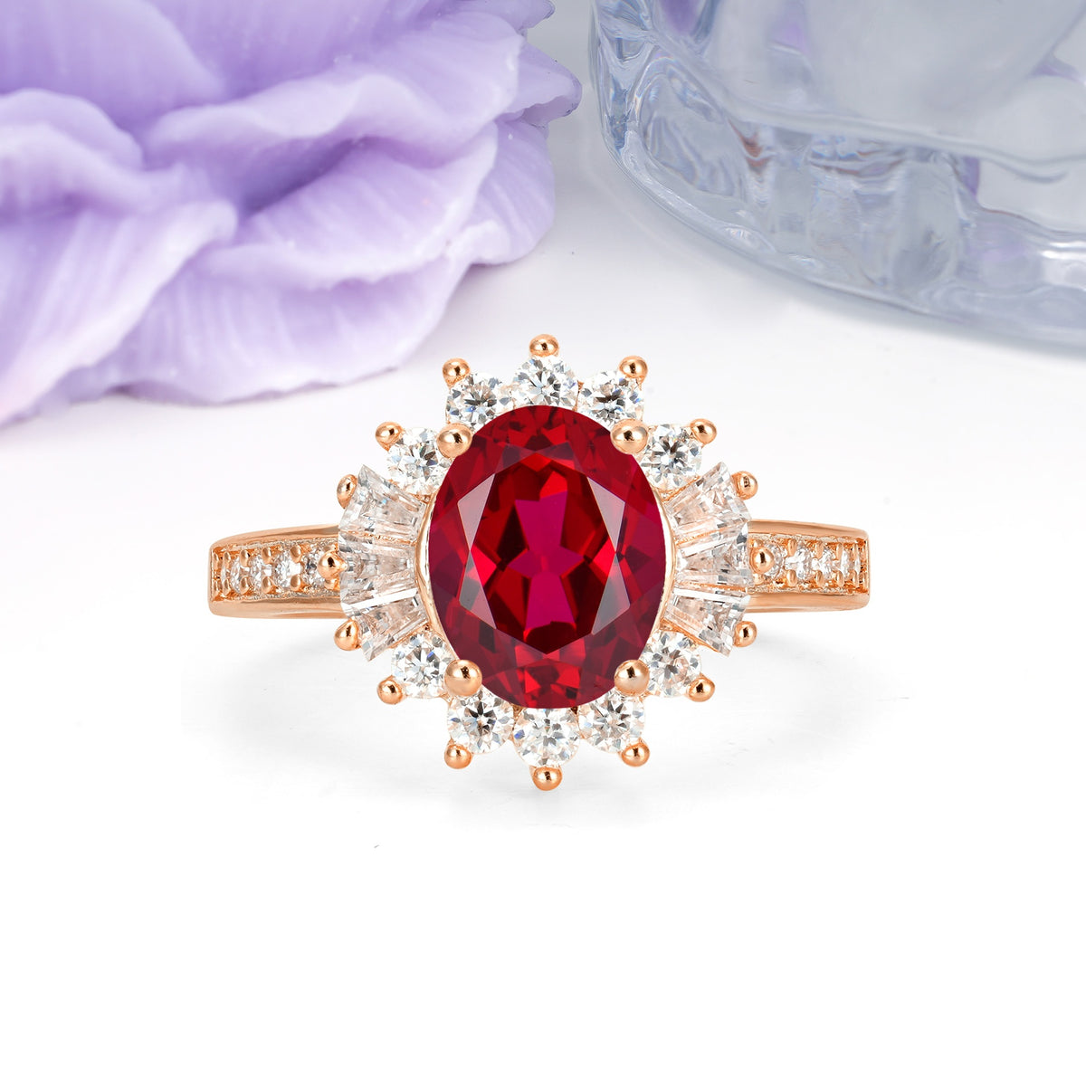 Exquisite Luxury Pavé Set 4 Prong Oval Cut Ruby Wedding Ring - Additional view