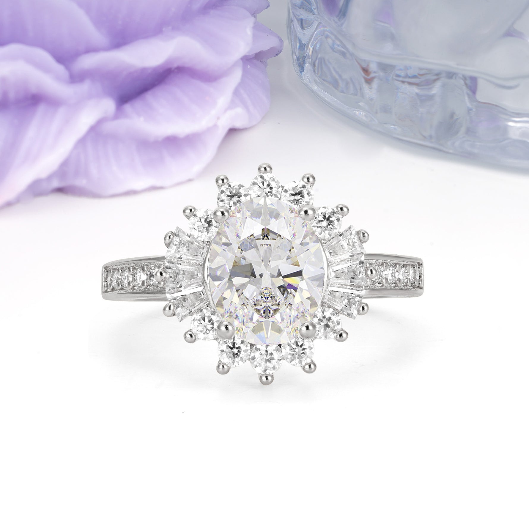 Exquisite Luxury Pavé Set 4 Prong Oval Cut Moissanite Wedding Ring - Additional view