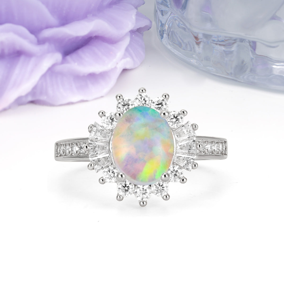 Exquisite Luxury Pavé Set 4 Prong Oval Cut Fire Opal Wedding Ring - Additional view