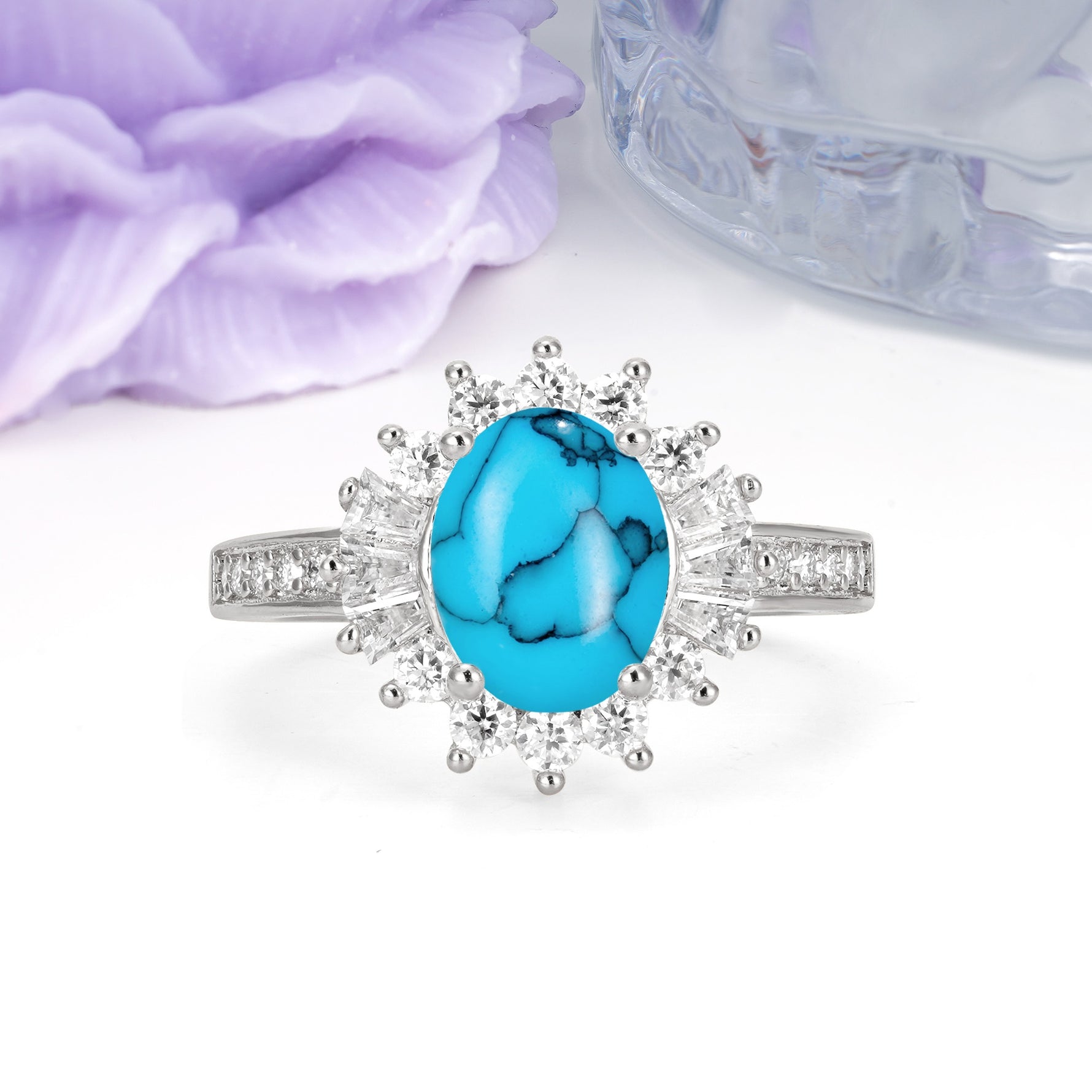 Exquisite Luxury Pavé Set 4 Prong Oval Cut Turquoise Wedding Ring - Additional view
