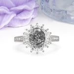 Exquisite Luxury Pavé Set 4 Prong Oval Cut Black Rutilated Quartz Wedding Ring - Additional view