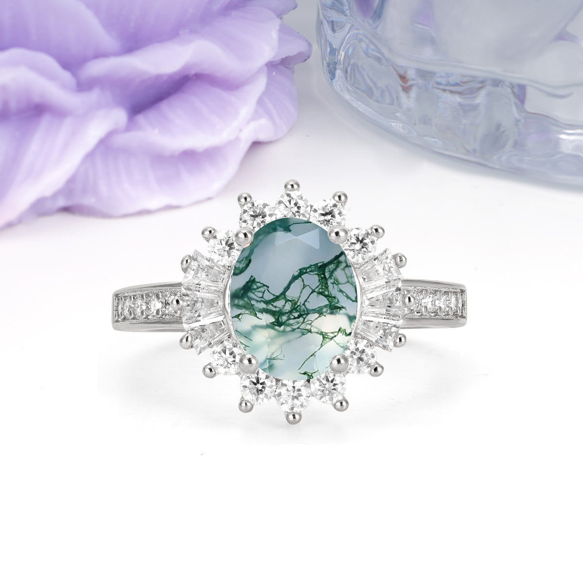 Exquisite Luxury Pavé Set 4 Prong Oval Cut Moss Agate Wedding Ring - Additional view