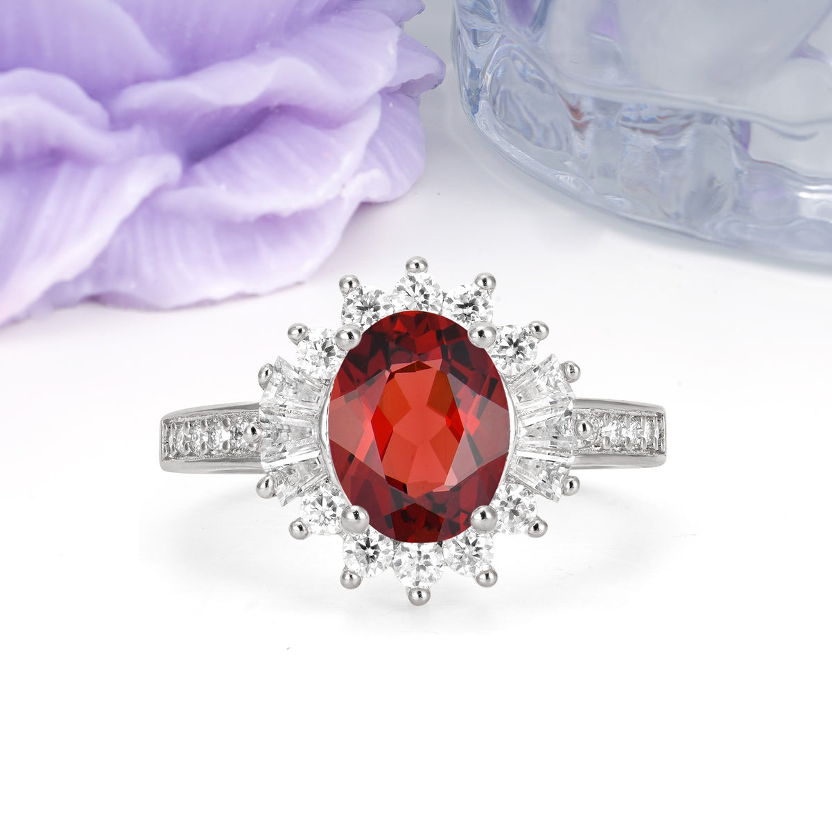 Exquisite Luxury Pavé Set 4 Prong Oval Cut Garnet Wedding Ring - Additional view