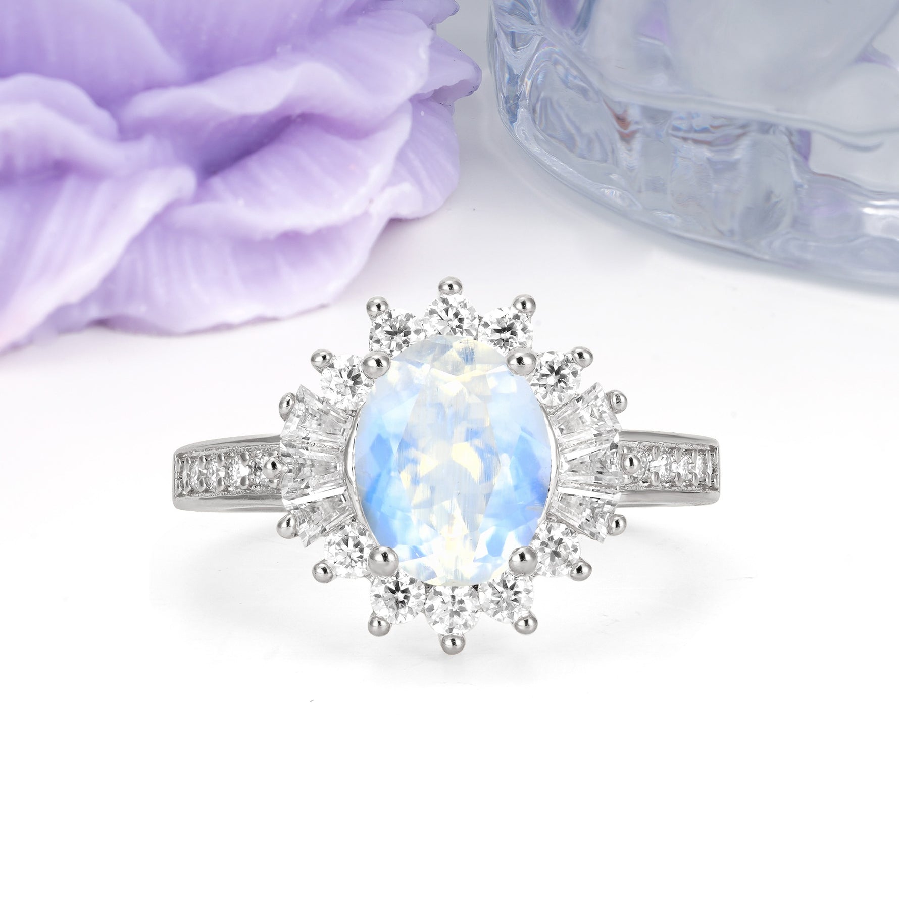 Exquisite Luxury Pavé Set 4 Prong Oval Cut Moonstone Wedding Ring - Additional view