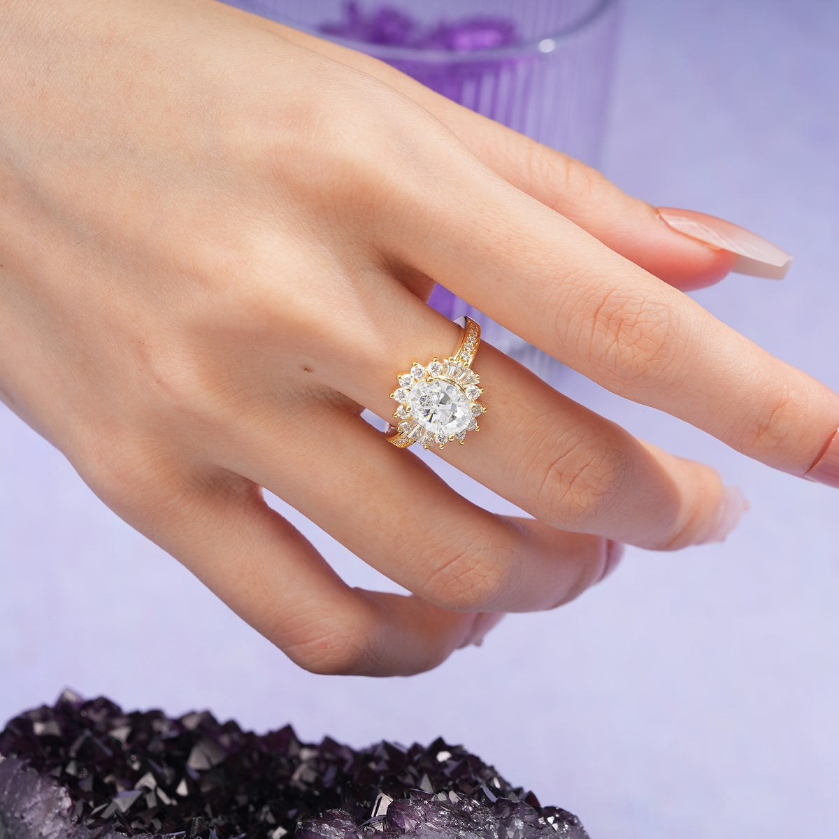 Exquisite Luxury Pavé Set 4 Prong Oval Cut Moissanite Wedding Ring - Additional view