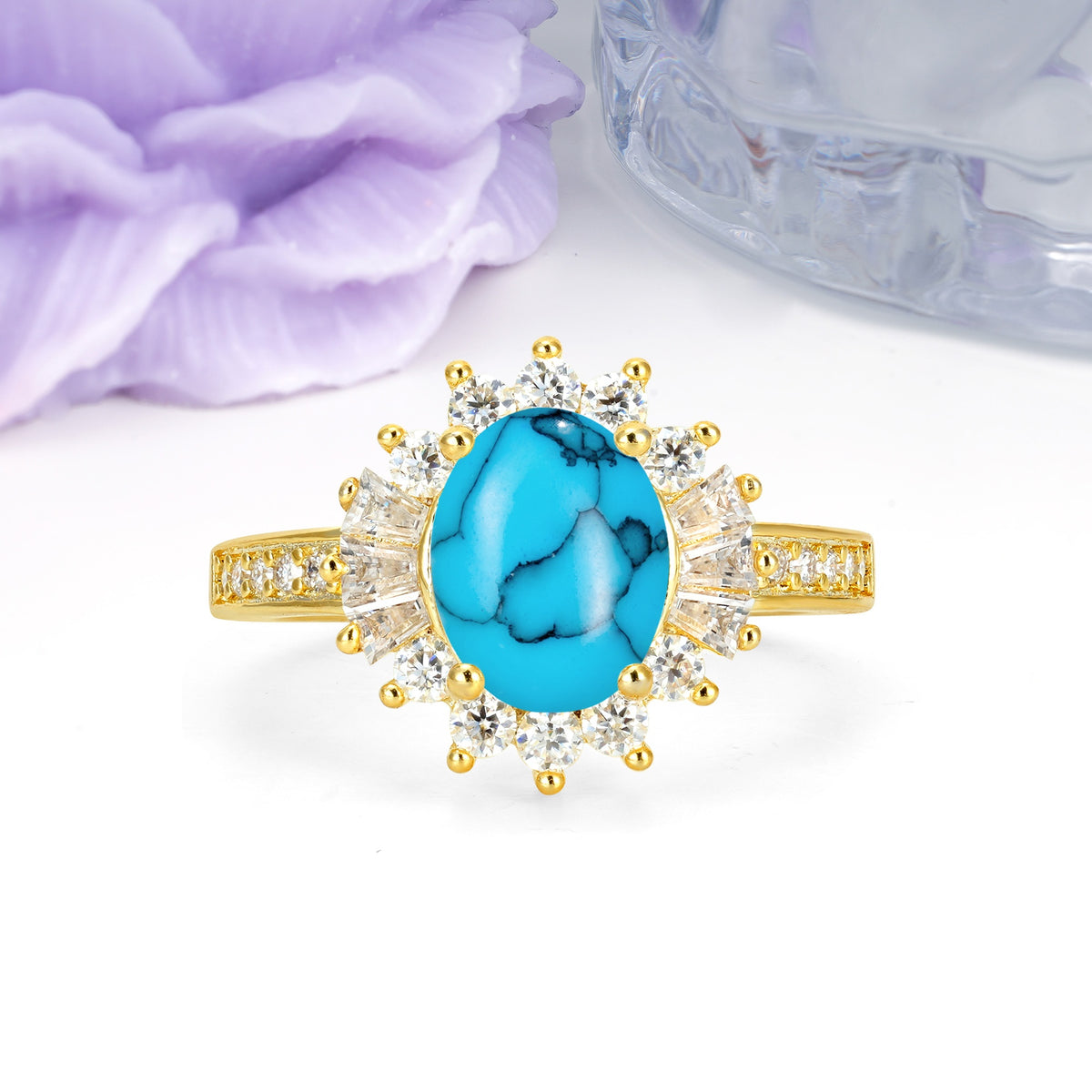 Exquisite Luxury Pavé Set 4 Prong Oval Cut Turquoise Wedding Ring - Additional view