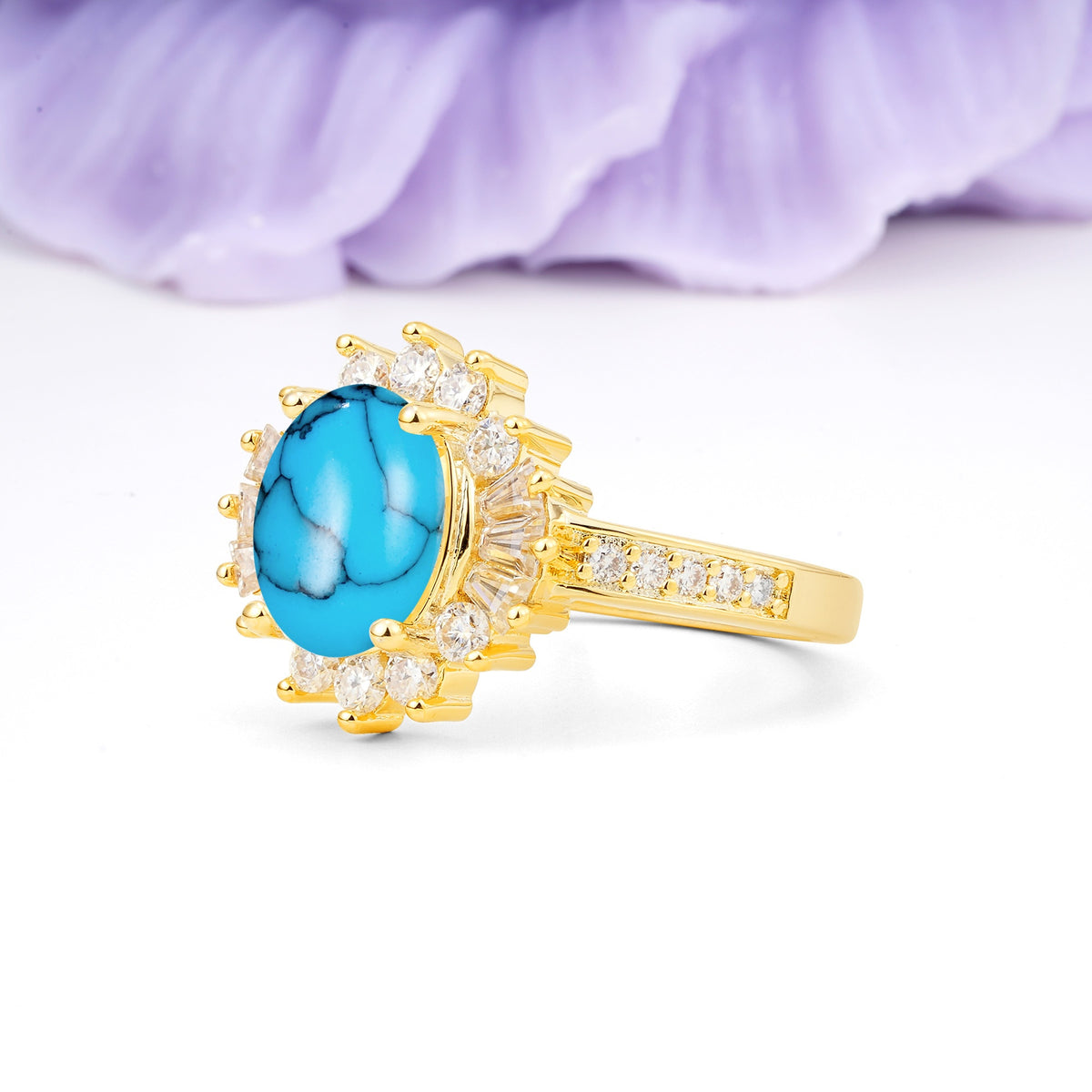 Exquisite Luxury Pavé Set 4 Prong Oval Cut Turquoise Wedding Ring - Additional view
