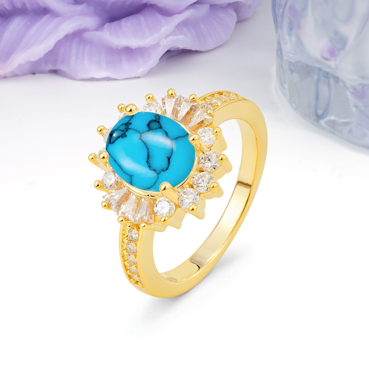 Exquisite Luxury Pavé Set 4 Prong Oval Cut Turquoise Wedding Ring - Additional view