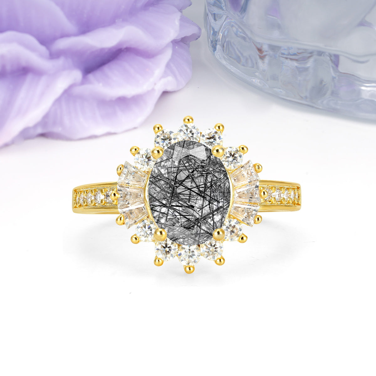 Exquisite Luxury Pavé Set 4 Prong Oval Cut Black Rutilated Quartz Wedding Ring - Additional view