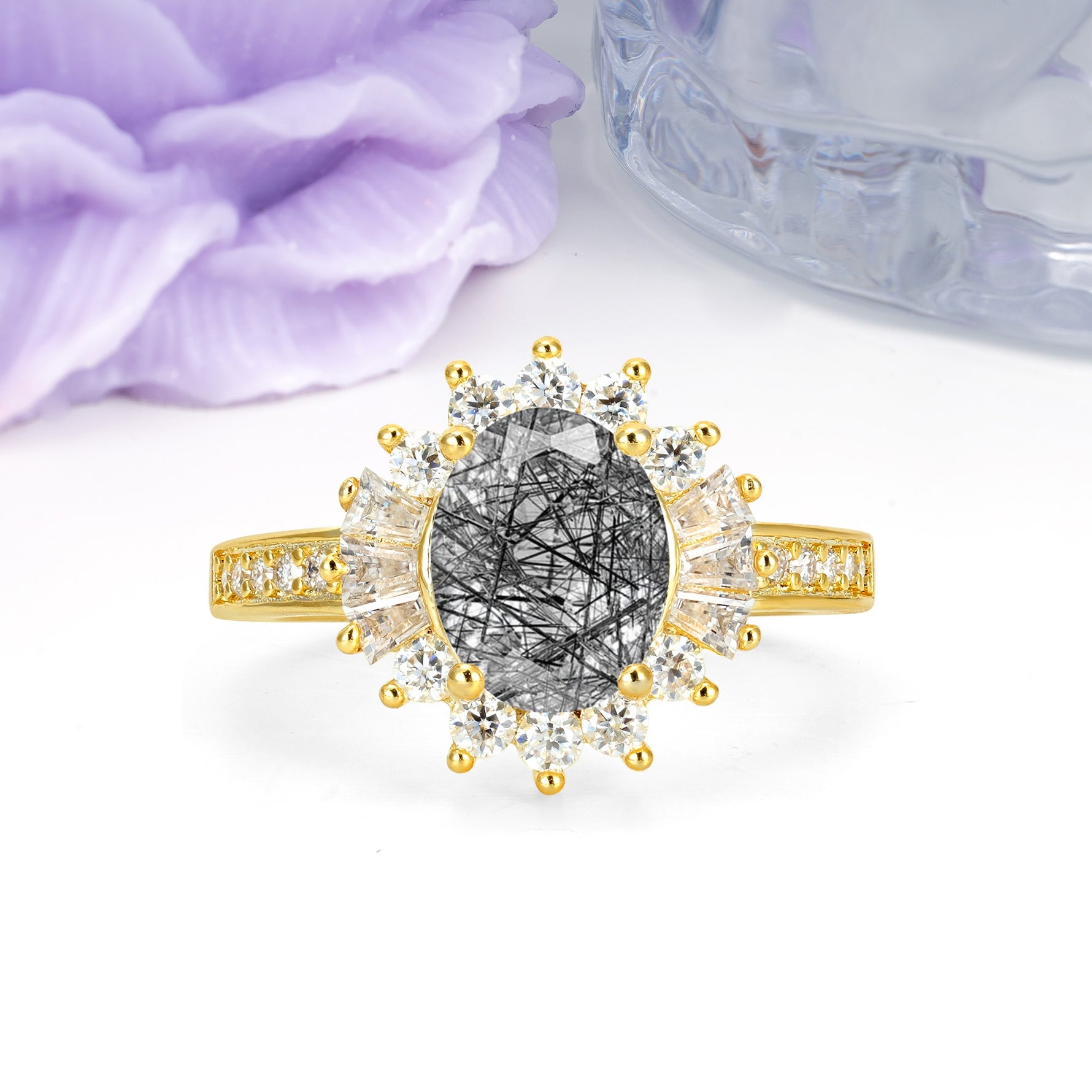Exquisite Luxury Pavé Set 4 Prong Oval Cut Black Rutilated Quartz Wedding Ring - Additional view