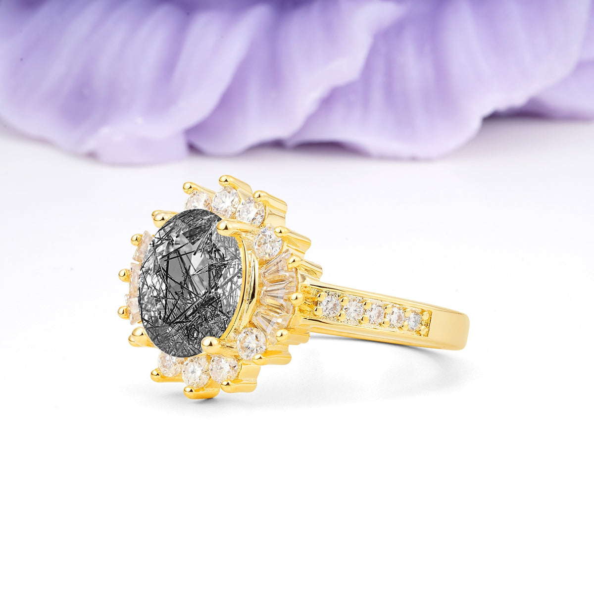 Exquisite Luxury Pavé Set 4 Prong Oval Cut Black Rutilated Quartz Wedding Ring - Additional view