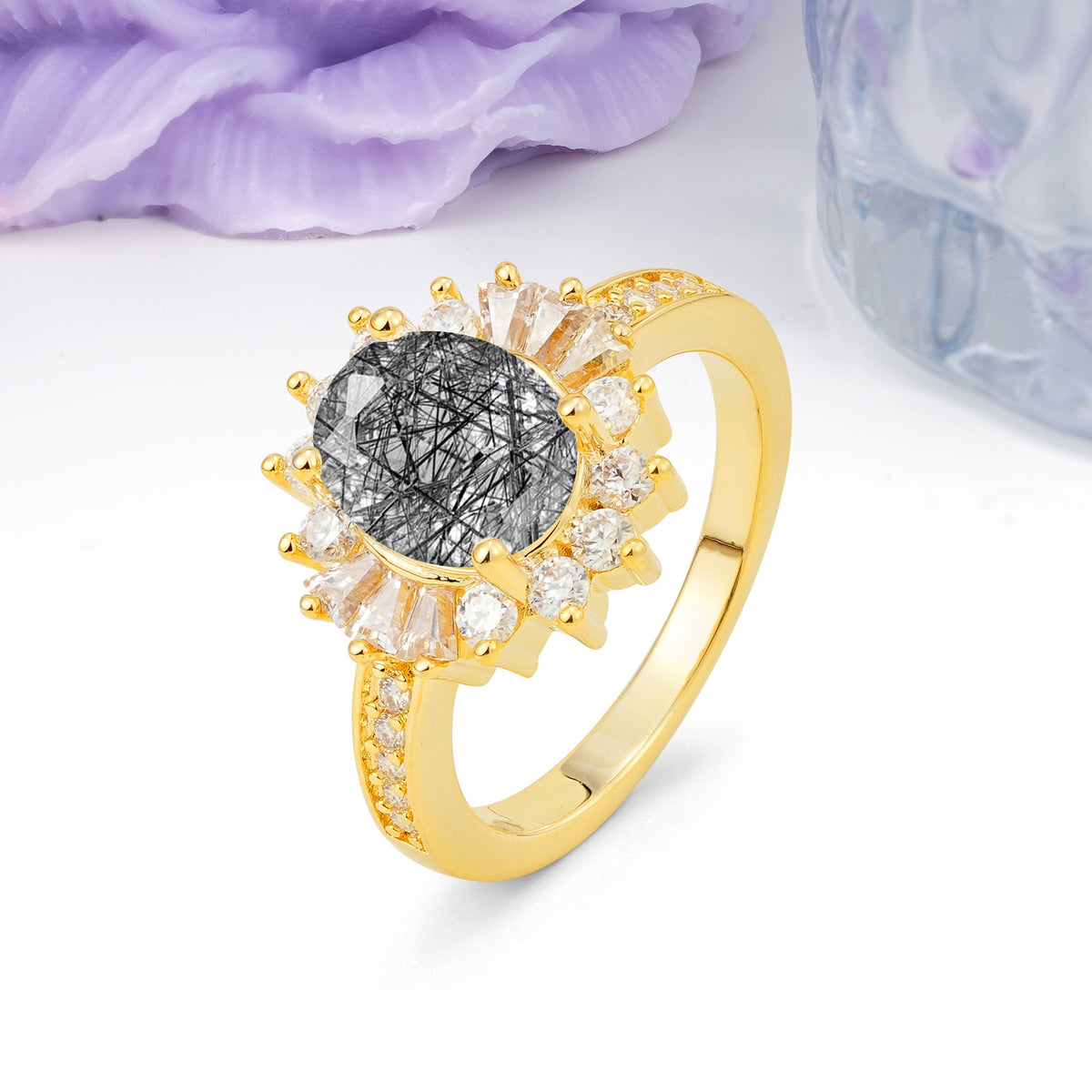 Exquisite Luxury Pavé Set 4 Prong Oval Cut Black Rutilated Quartz Wedding Ring - Additional view