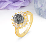 Exquisite Luxury Pavé Set 4 Prong Oval Cut Black Rutilated Quartz Wedding Ring - Additional view