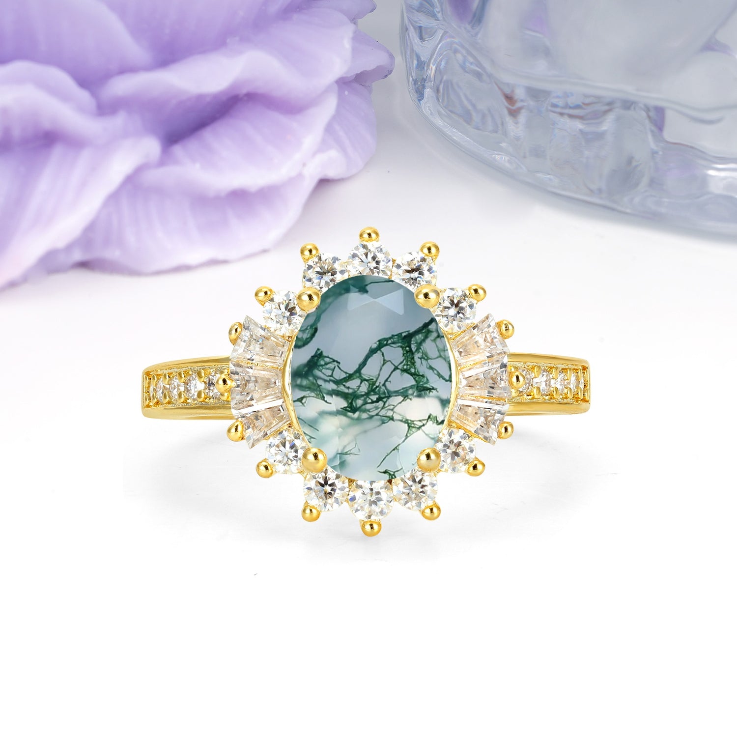 Exquisite Luxury Pavé Set 4 Prong Oval Cut Moss Agate Wedding Ring - Additional view