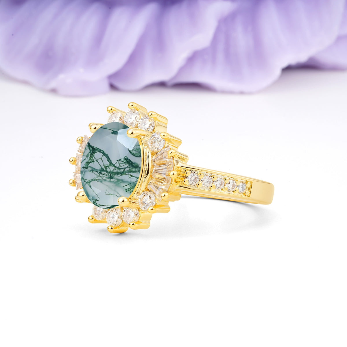 Exquisite Luxury Pavé Set 4 Prong Oval Cut Moss Agate Wedding Ring - Additional view