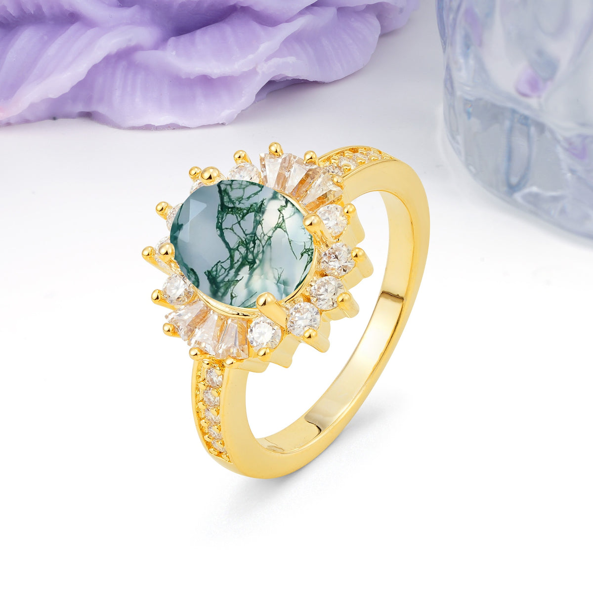 Exquisite Luxury Pavé Set 4 Prong Oval Cut Moss Agate Wedding Ring - Additional view