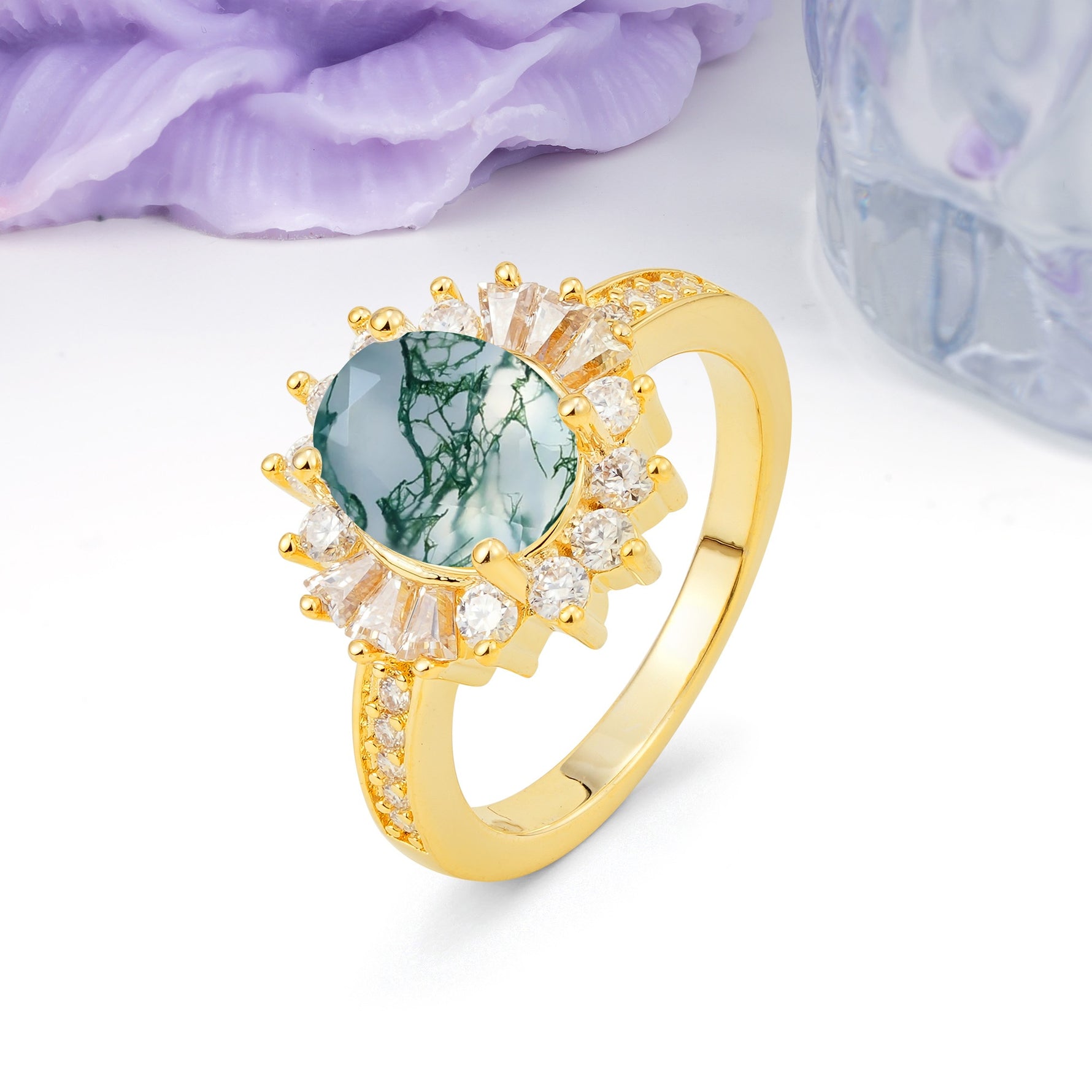 Exquisite Luxury Pavé Set 4 Prong Oval Cut Moss Agate Wedding Ring - Additional view