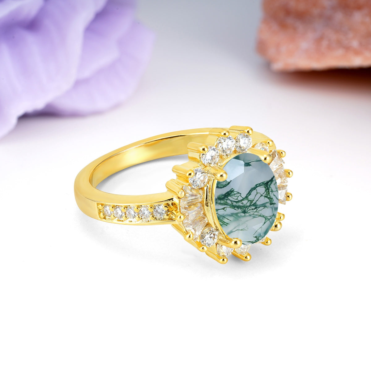 Exquisite Luxury Pavé Set 4 Prong Oval Cut Moss Agate Wedding Ring - Additional view