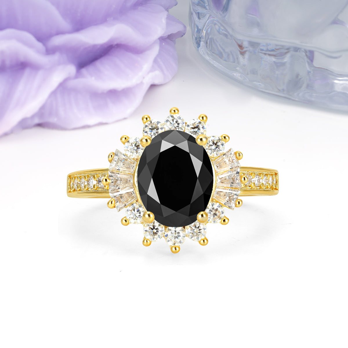 Exquisite Luxury Pavé Set 4 Prong Oval Cut Black Onyx Wedding Ring - Additional view