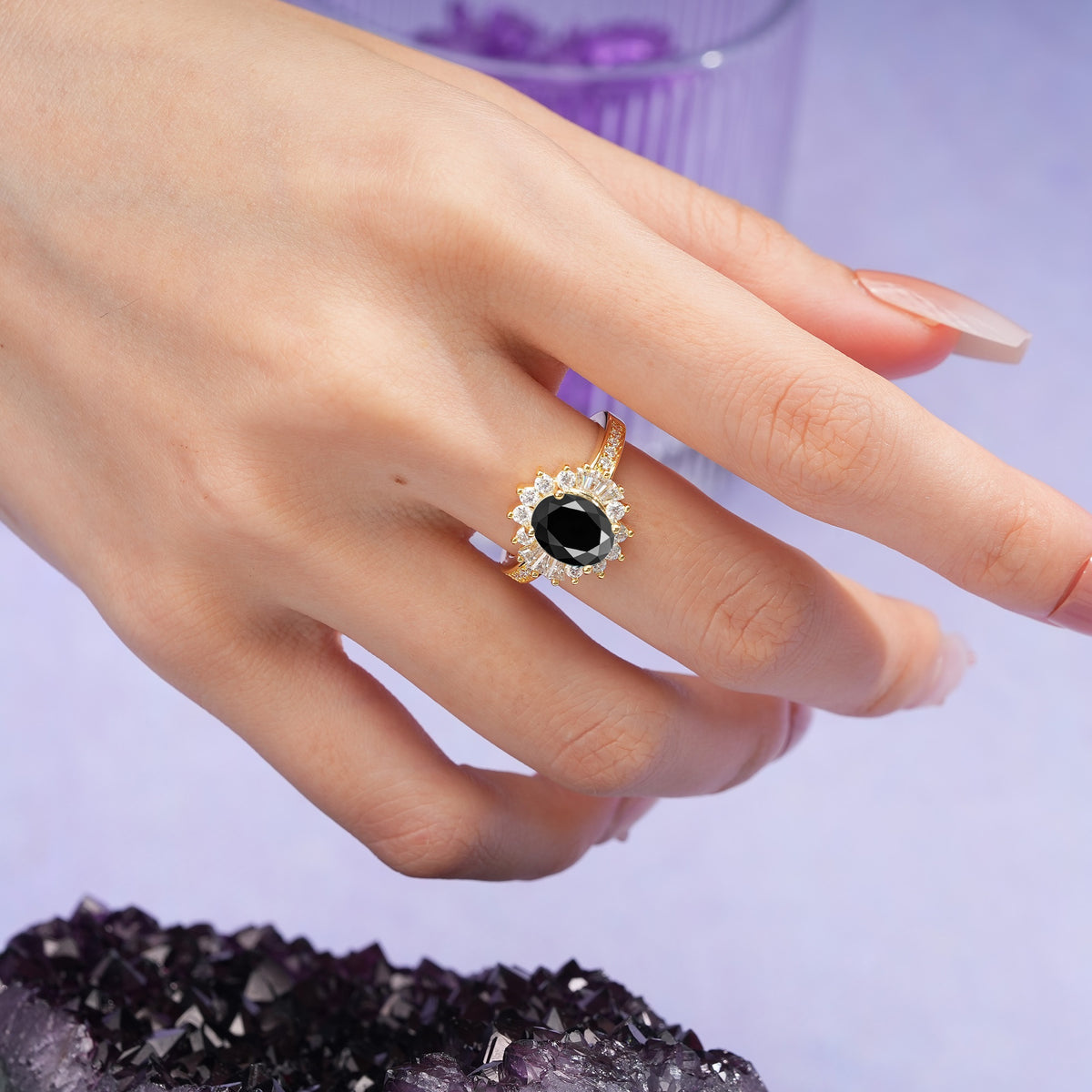 Exquisite Luxury Pavé Set 4 Prong Oval Cut Black Onyx Wedding Ring - Additional view