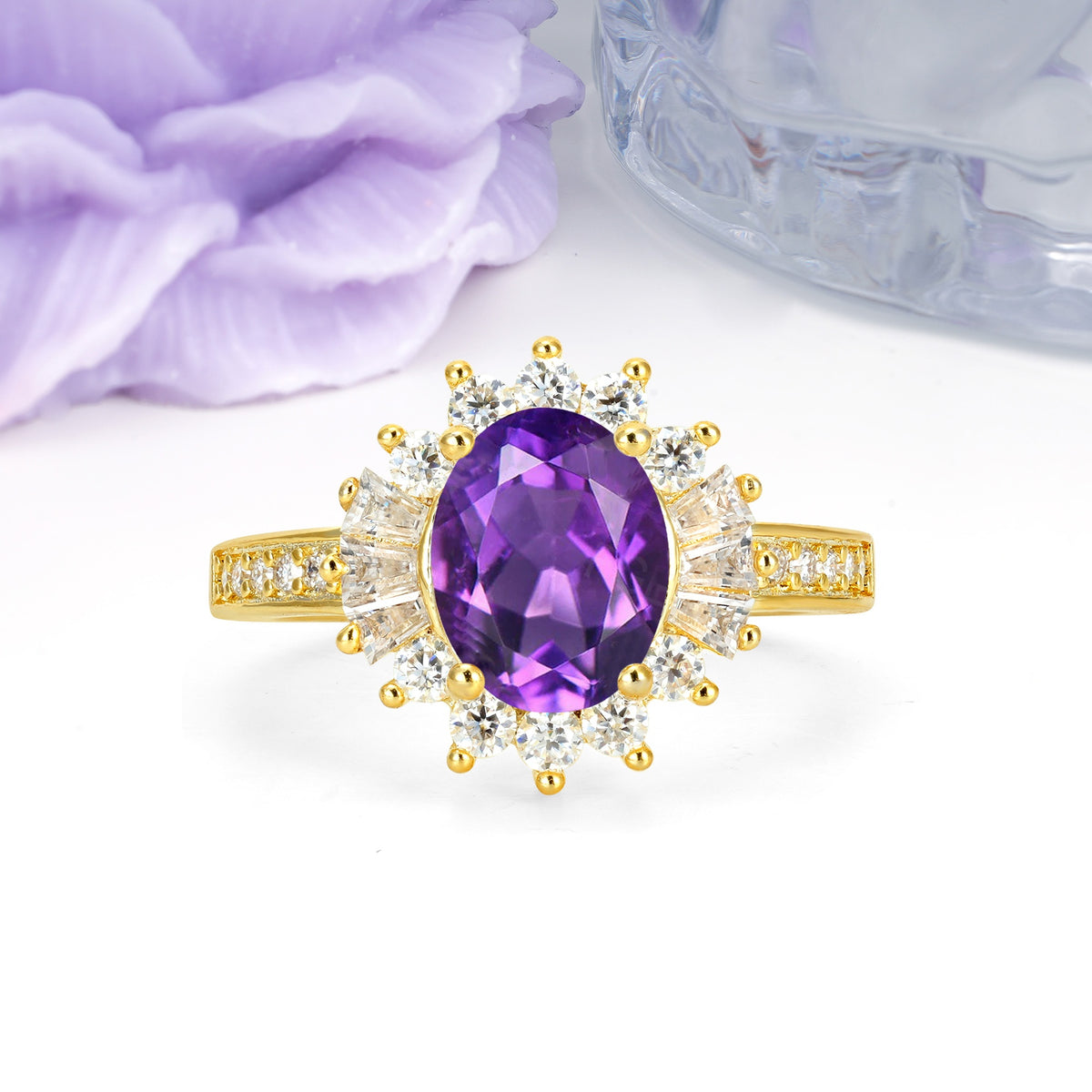 Exquisite Luxury Pavé Set 4 Prong Oval Cut Amethyst Wedding Ring - Additional view