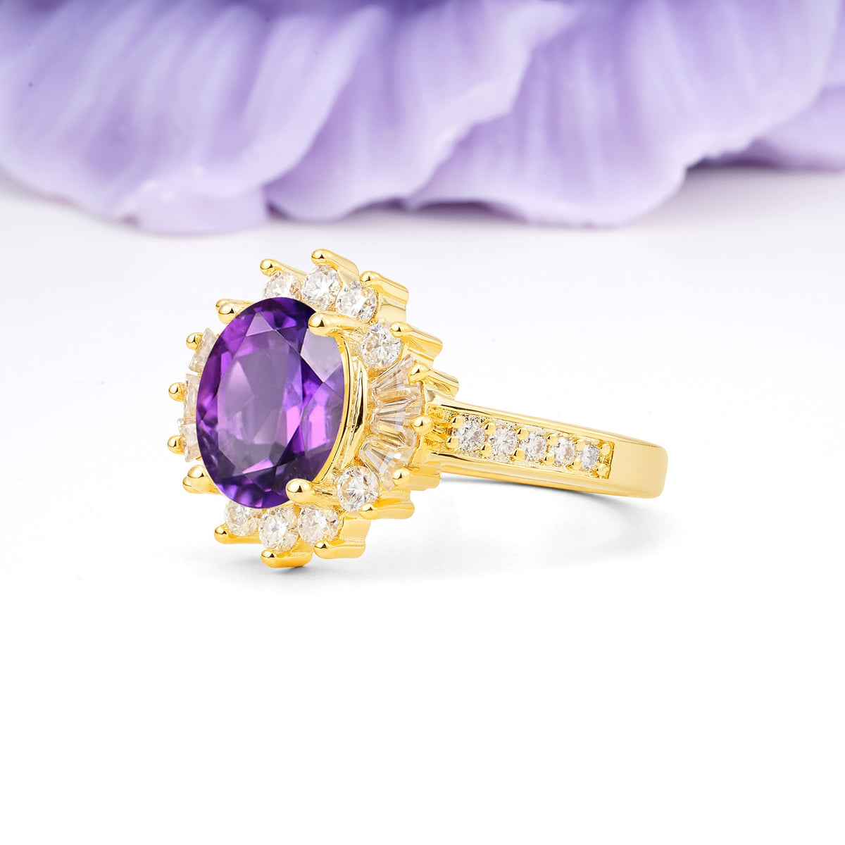Exquisite Luxury Pavé Set 4 Prong Oval Cut Amethyst Wedding Ring - Additional view