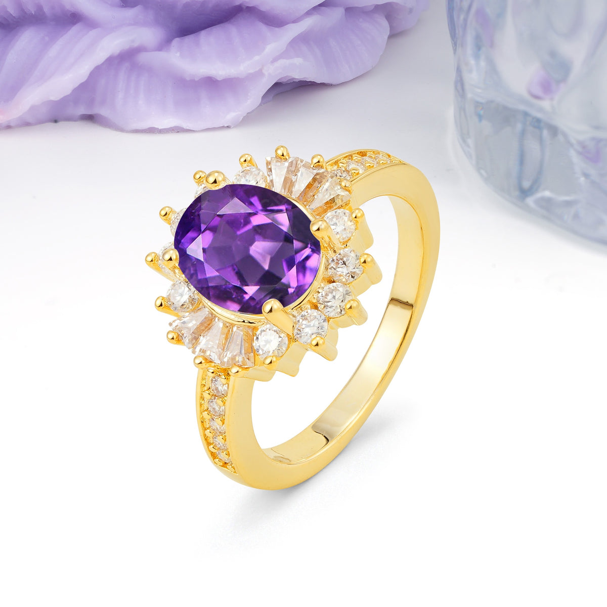 Exquisite Luxury Pavé Set 4 Prong Oval Cut Amethyst Wedding Ring - Additional view